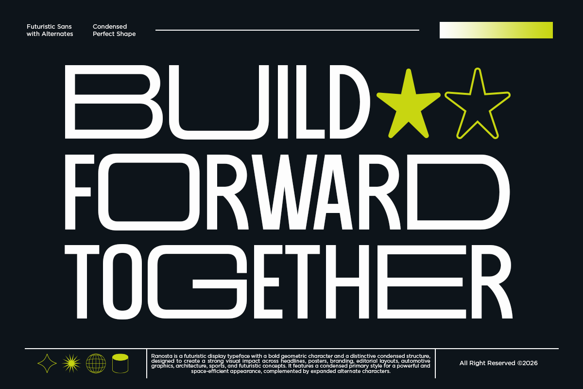 Geometric sans-serif font displaying "Build Forward Together" with filled plus outline stars in lime yellow on dark background