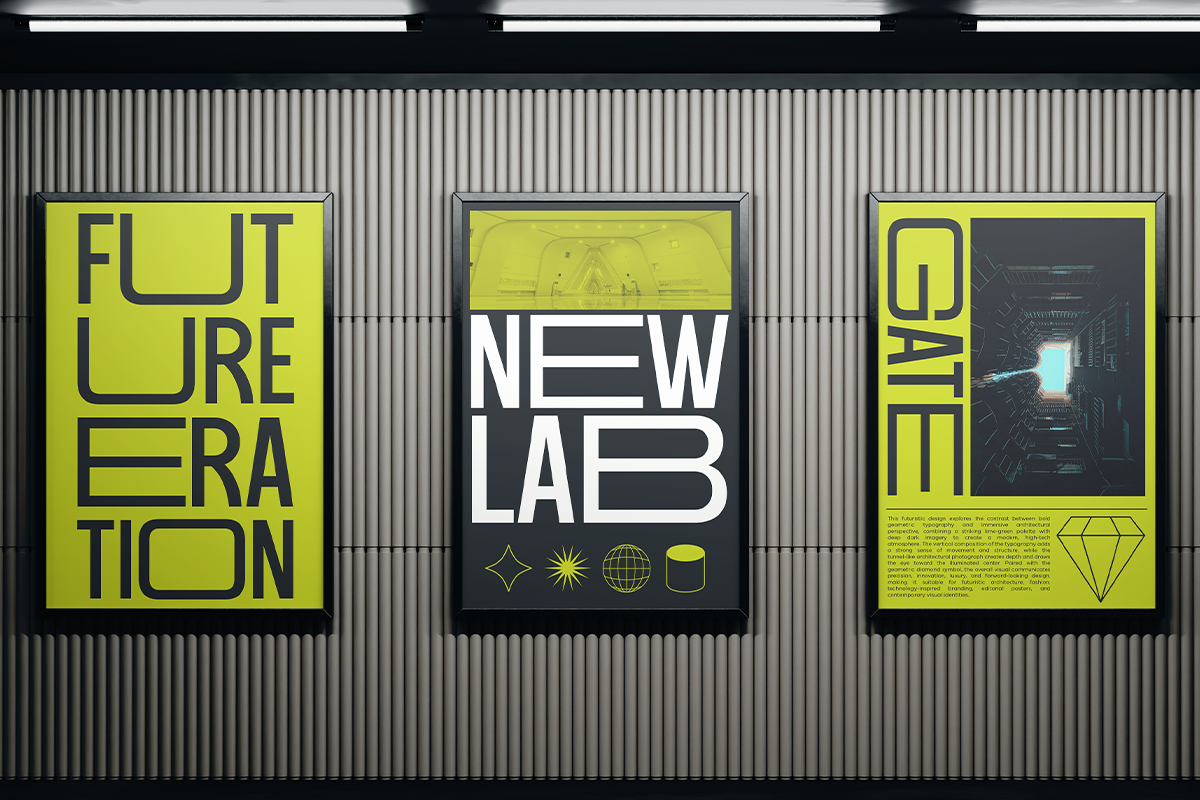 Three neon yellow posters on corrugated metal wall with bold typography, tech imagery, diamond graphics
