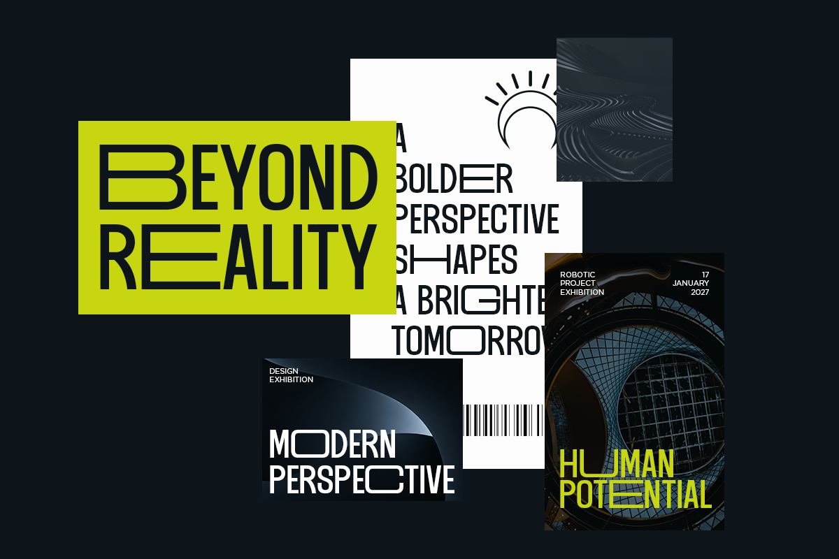Bold neon yellow type on dark layout with geometric shapes, tech imagery, exhibition text