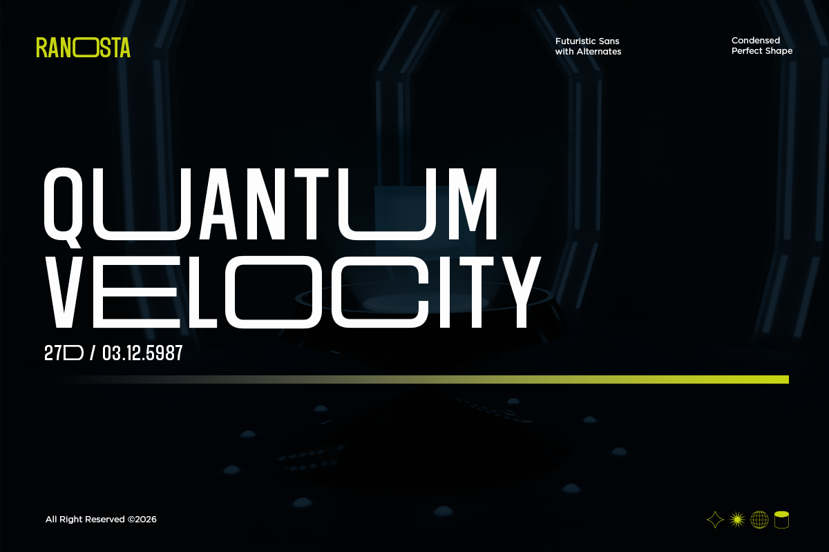 Quantum Velocity futuristic sans font with rounded geometric shapes on dark tech background
