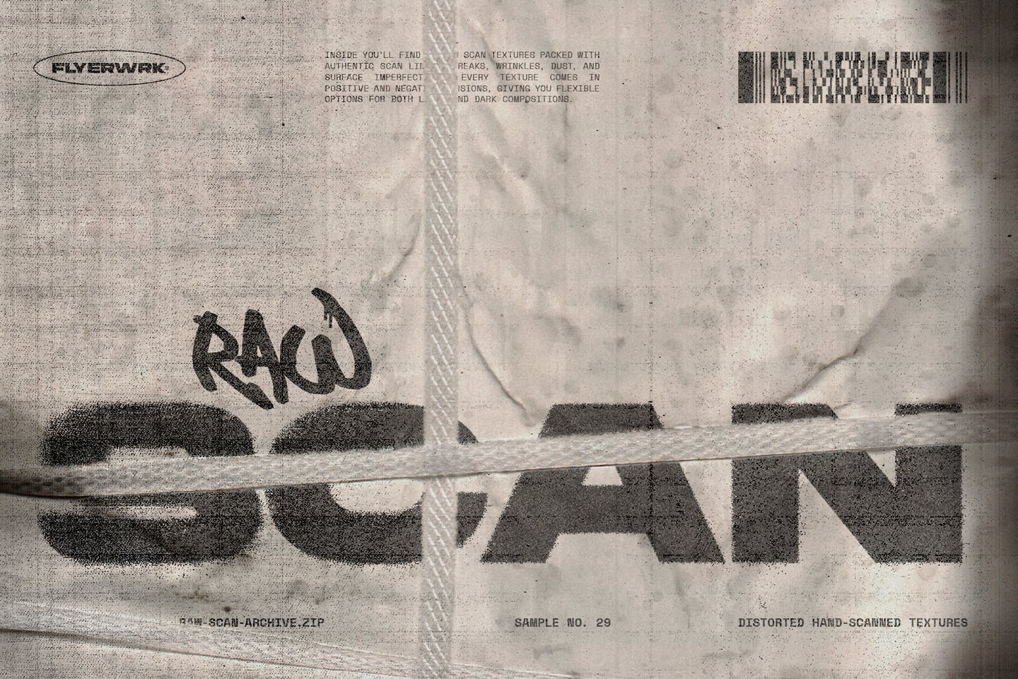Raw scan texture pack with distorted hand-scanned surfaces, wrinkles, dust, creases for gritty design work
