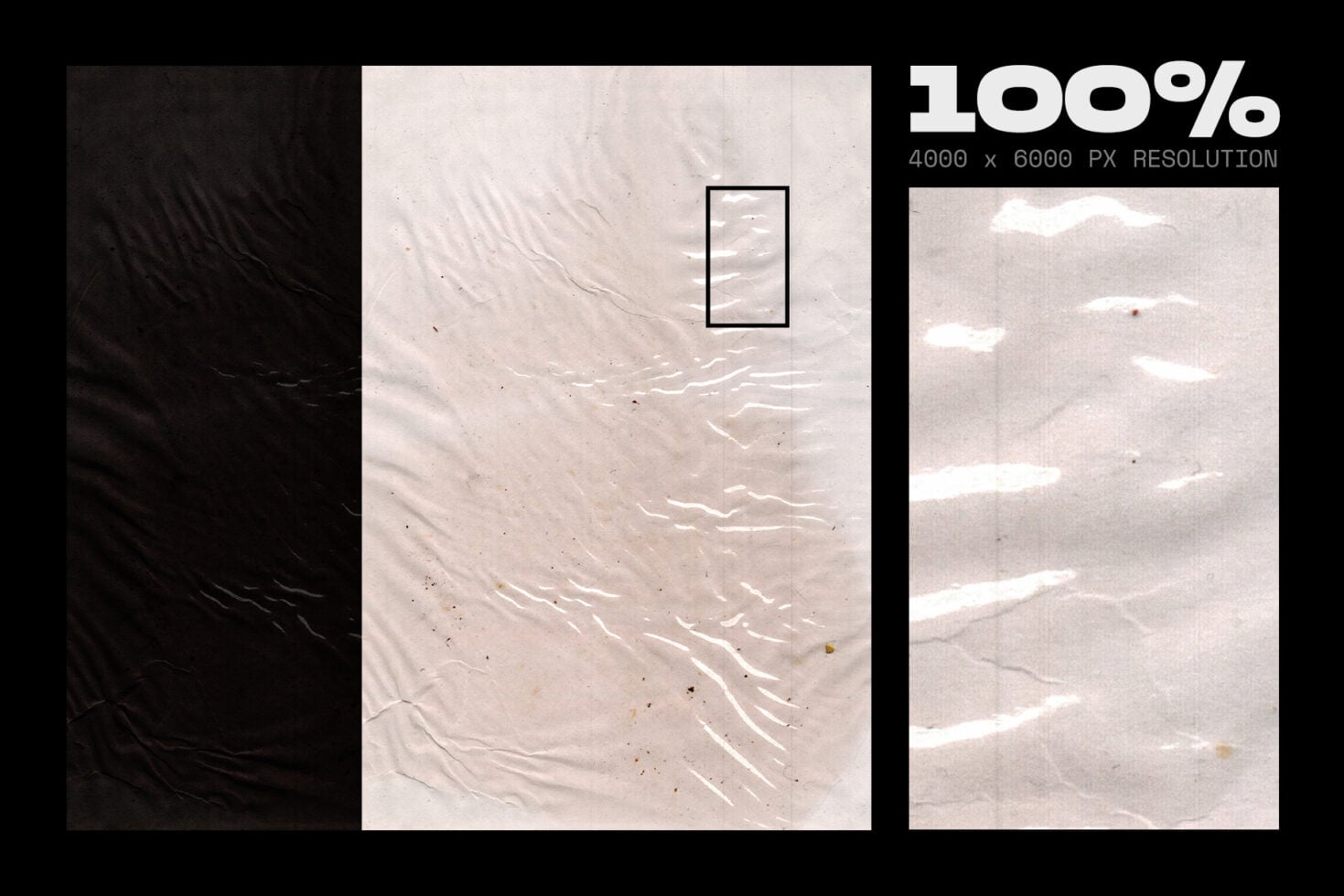 Crumpled white plastic texture with wrinkles, folds, close-up detail shots included