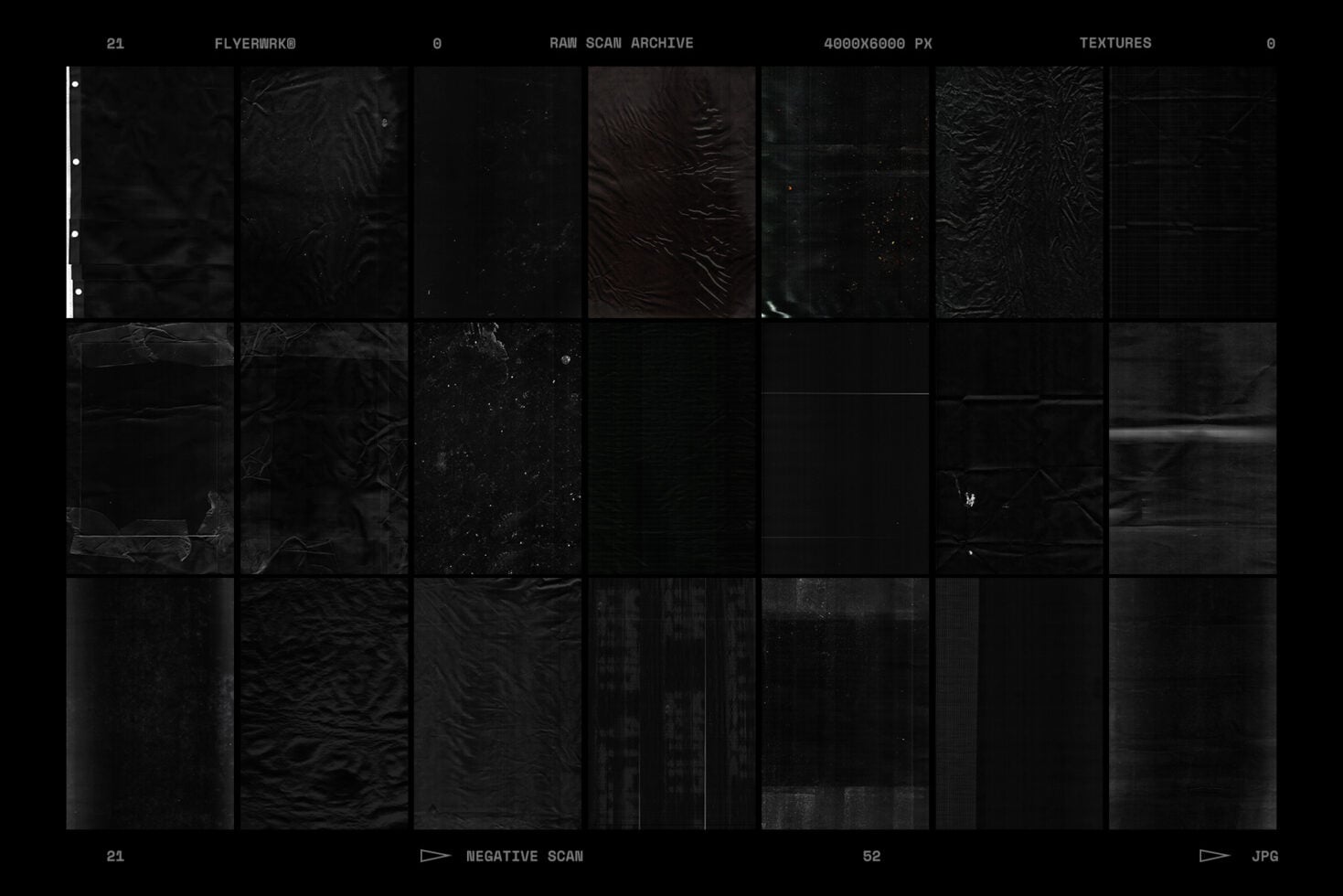 Raw film scan texture pack with 52 moody dark overlays, 4000x6000px high-res scans