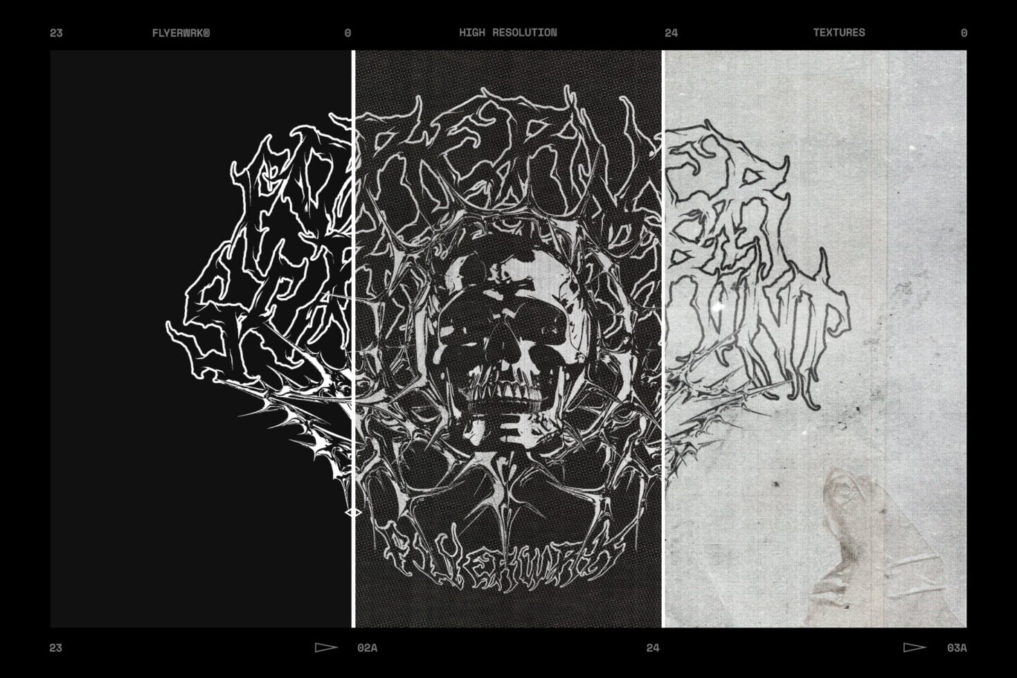 Skull wrapped in thorny vines shown in three variations: neon outline, high contrast black, textured sketch
