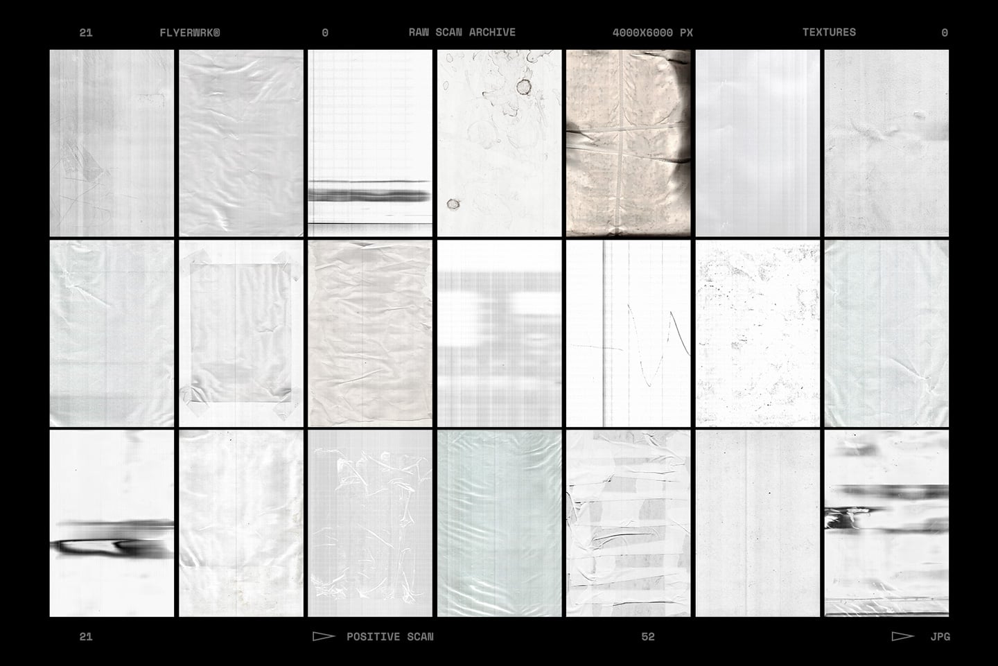 Raw scan archive with 21 high-res texture overlays showing wrinkled plastic, creased fabric, dust, wear marks