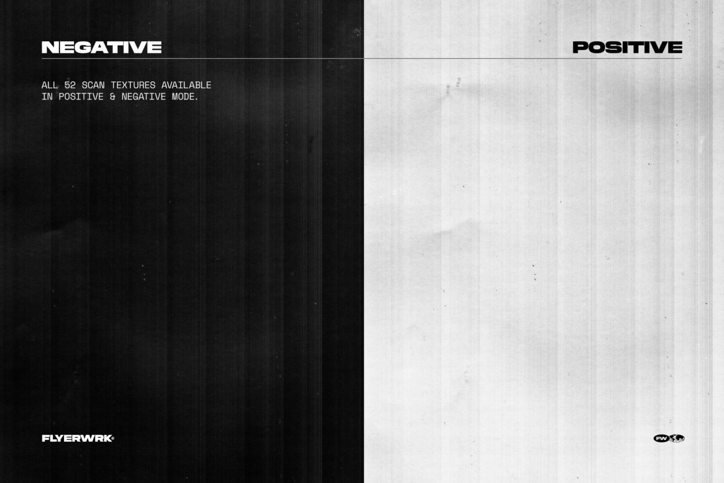 Split screen showing 52 film scan textures in dark negative mode on left, light positive mode on right