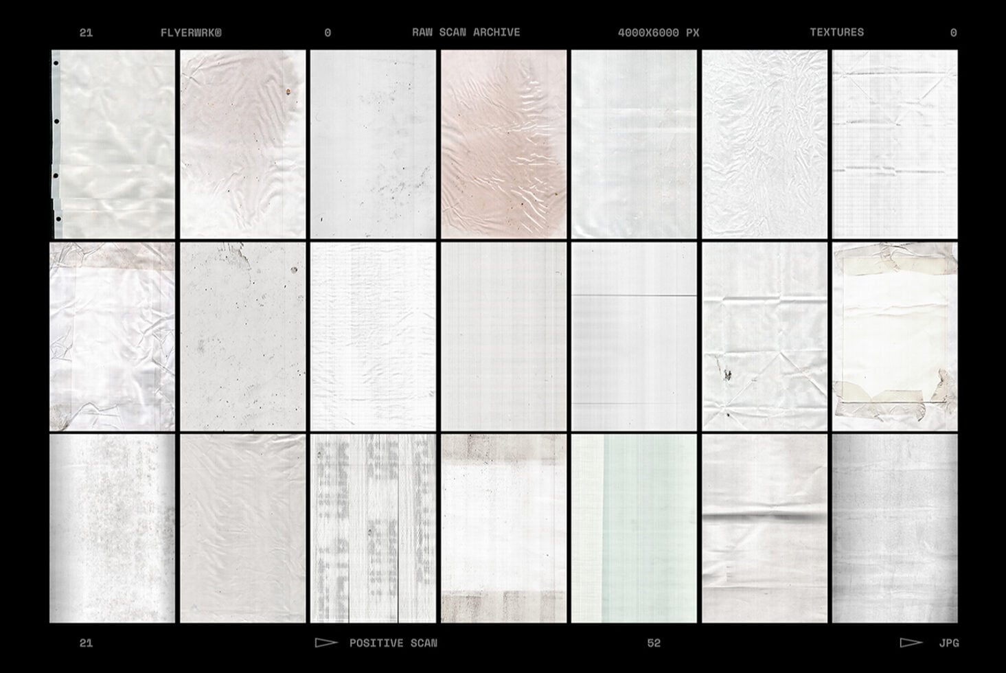 Raw scan texture library with 21 high-res files showing creased paper, concrete, fabric, plus worn surfaces
