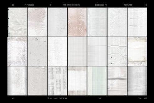 Raw scan texture library with 21 high-res files showing creased paper, concrete, fabric, plus worn surfaces