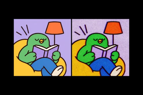 Cheerful green bird character reading on yellow chair with orange lamp, smooth plus textured versions