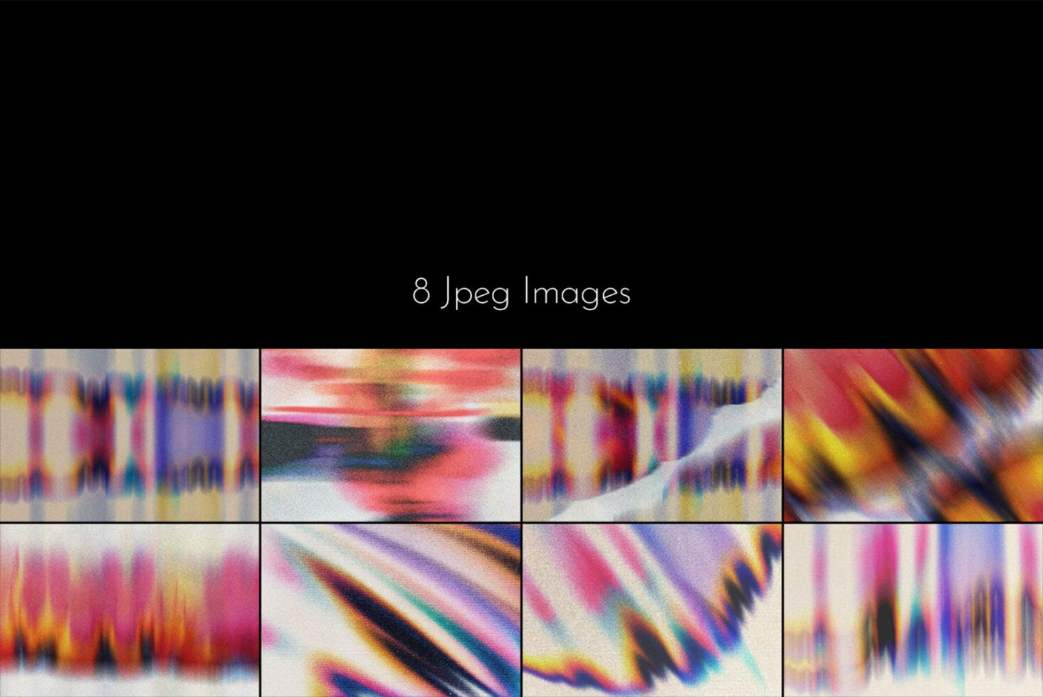 Eight vibrant glitch art images with blurred color streaks, distorted patterns, digital glitch effects