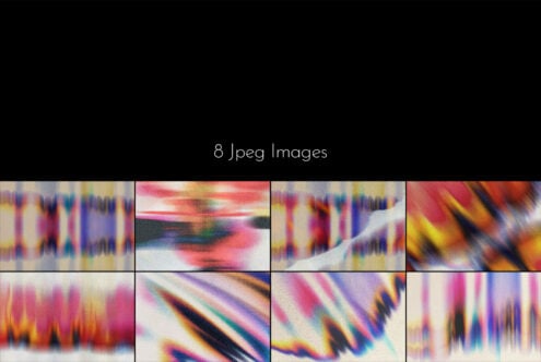 Eight vibrant glitch art images with blurred color streaks, distorted patterns, digital glitch effects