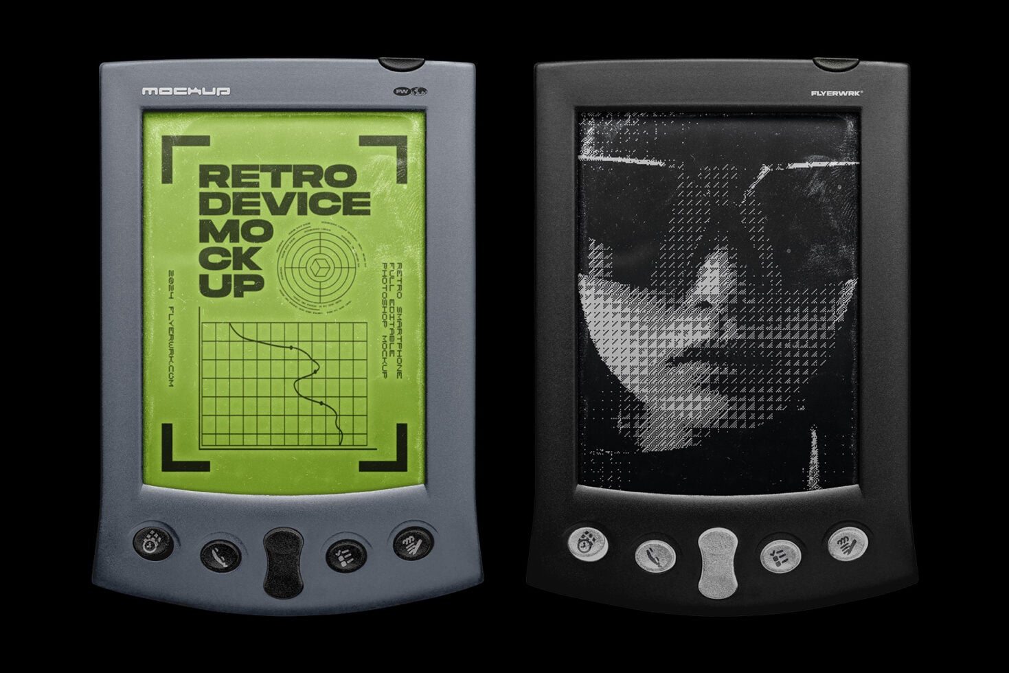 Retro handheld device mockup with lime green screen showing design layout patterns