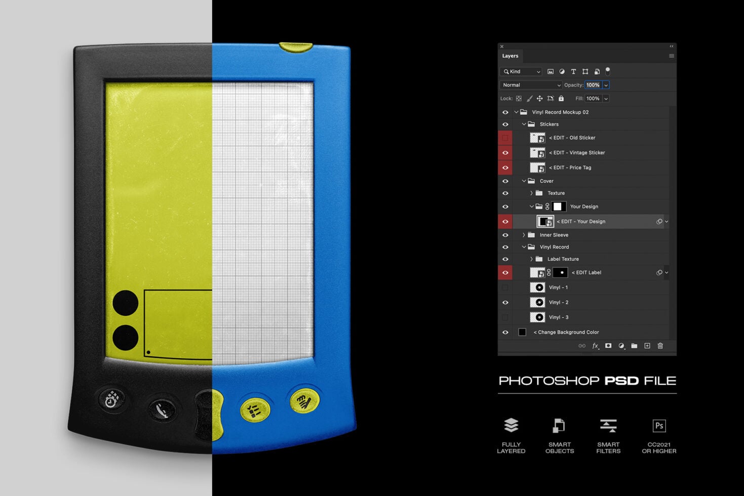 Retro handheld gaming device mockup with neon yellow, blue colors, fully editable PSD layers open
