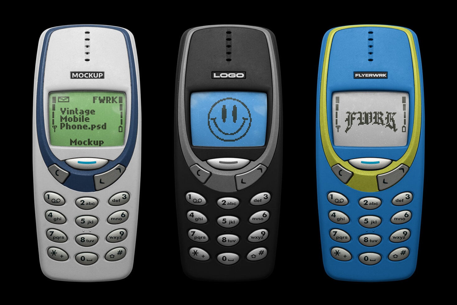 Three retro Nokia phones in white, black, blue with customizable screens showing mockup layouts