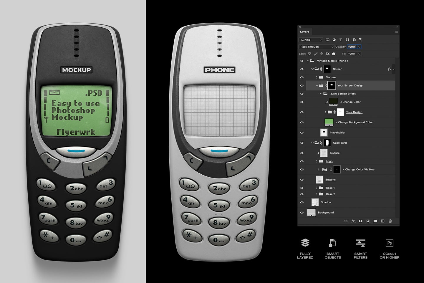 Retro Nokia 3310 phone mockup with editable screen, fully layered Photoshop file