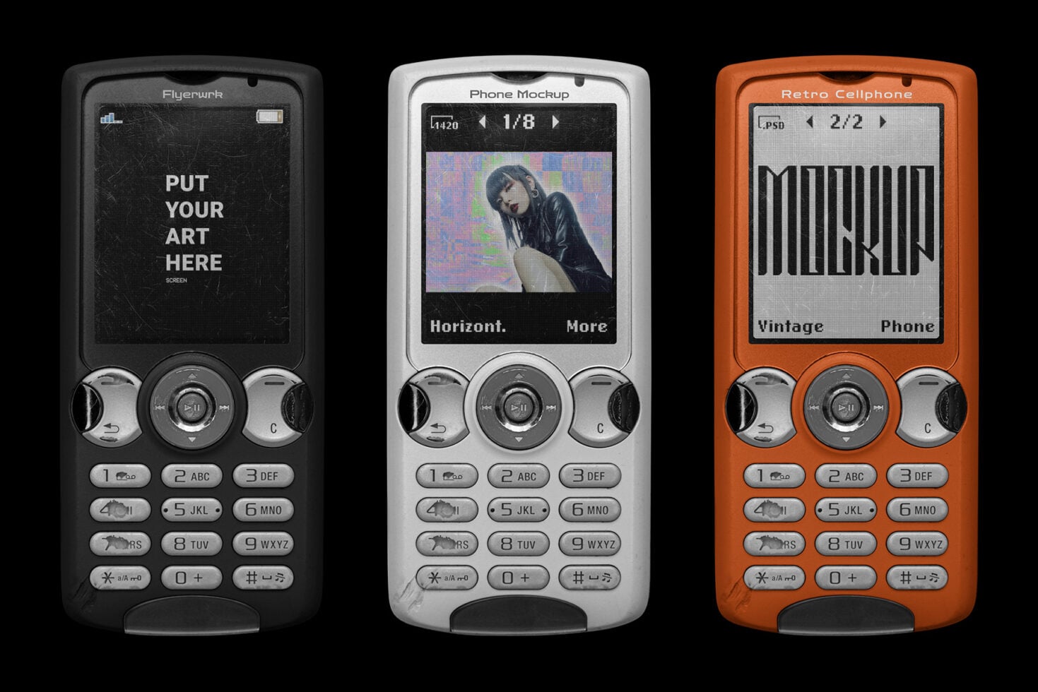 Three retro flip phone mockups in black, white, plus orange with editable screens