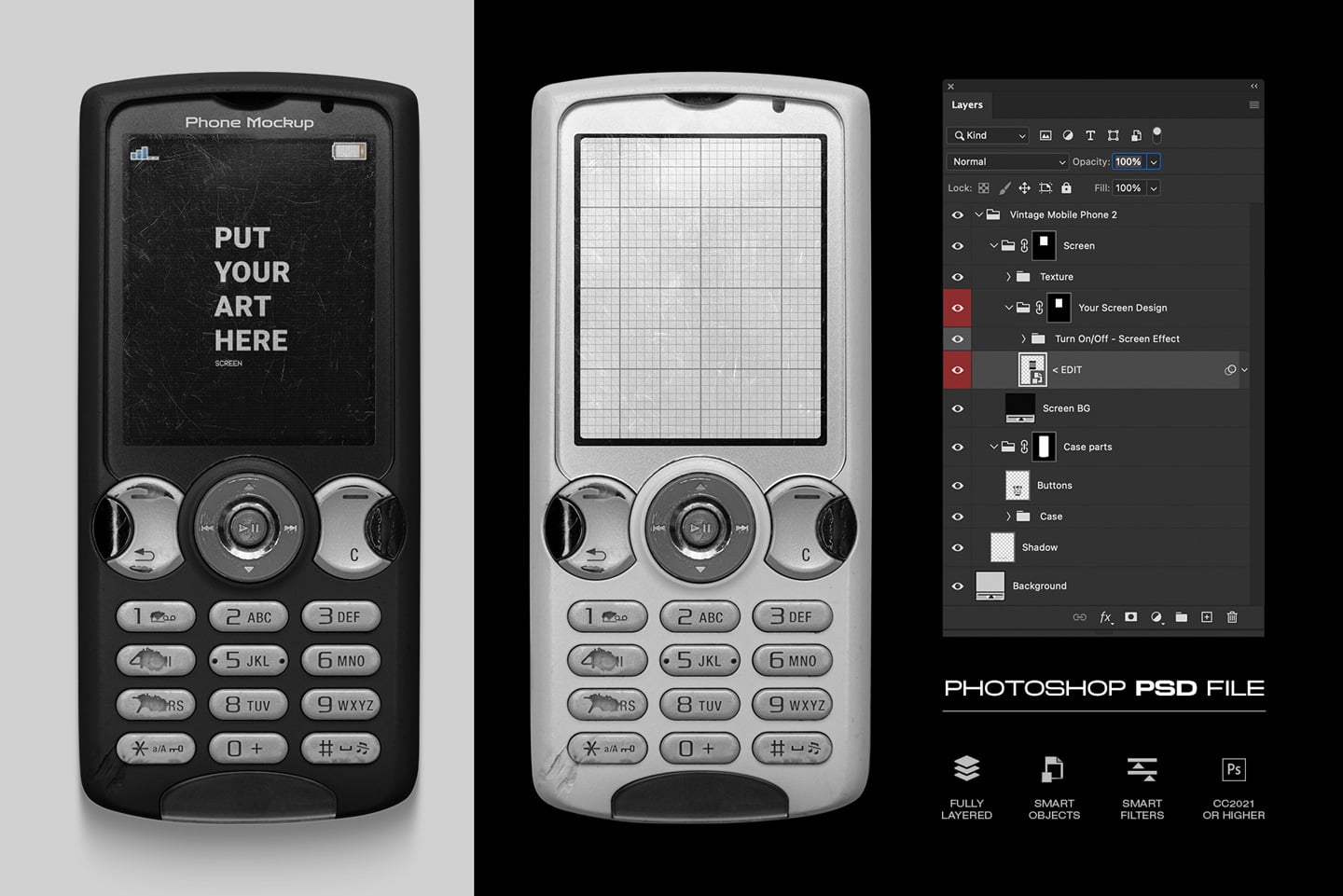 Retro flip phone mockup in black with fully editable Photoshop layers for custom designs