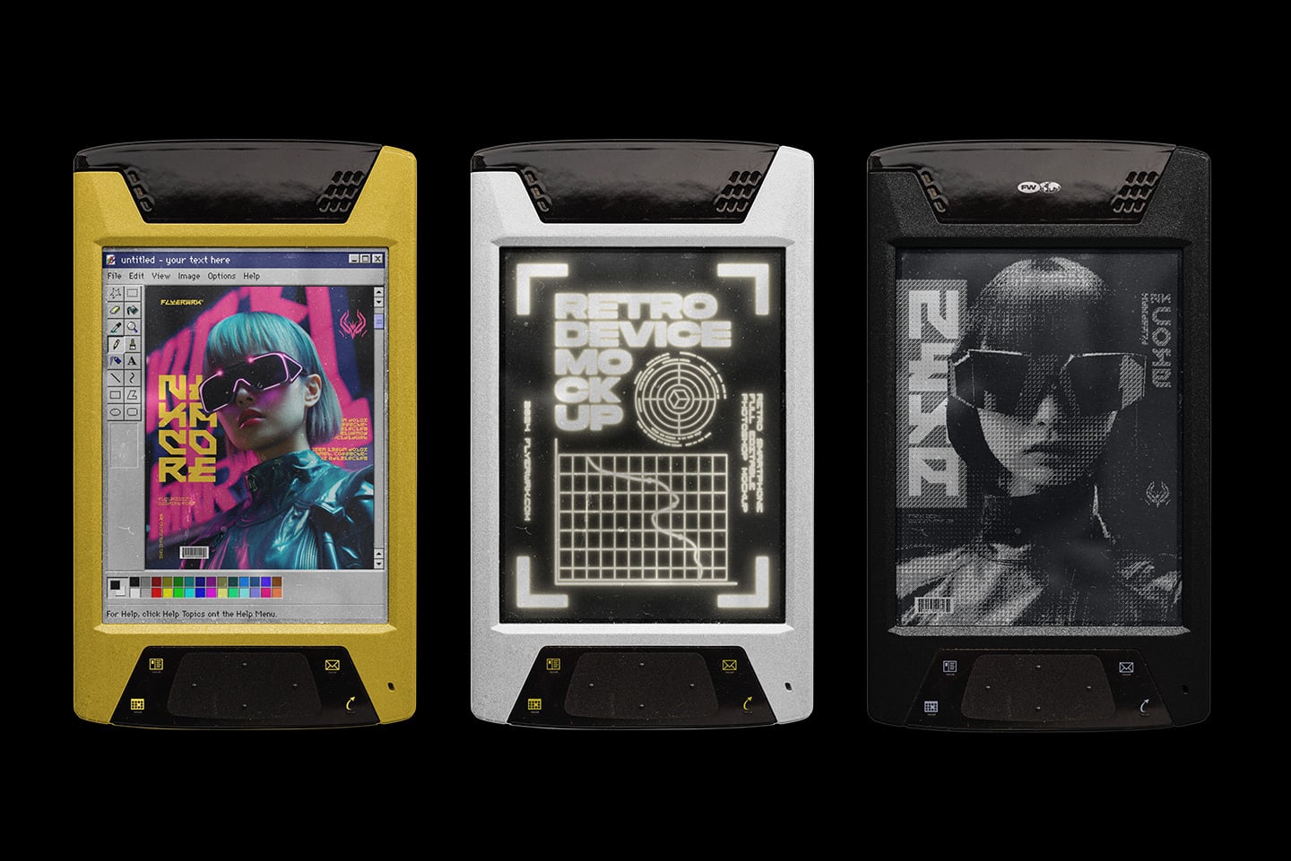 Three retro device mockups in yellow, white, plus black showing poster designs on screens