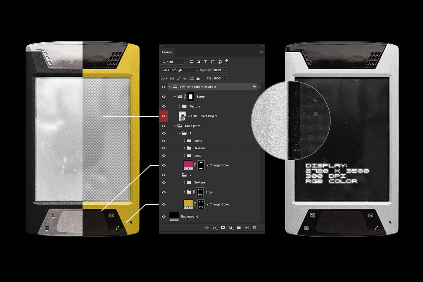 Retro handheld device mockup with editable layers open in design software showing screen texture options