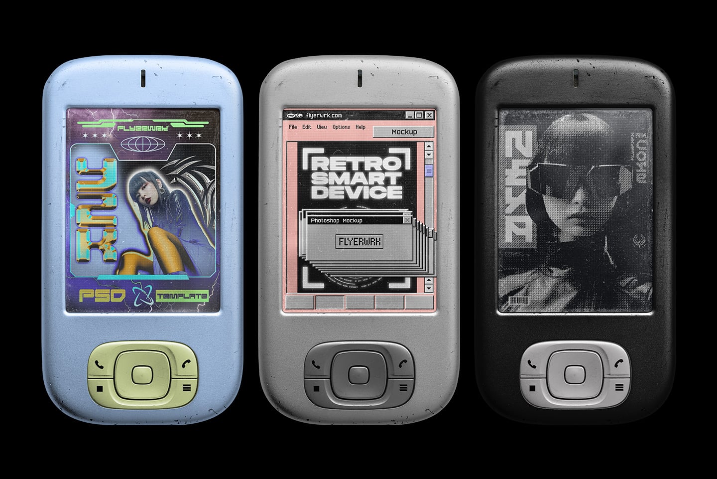 Three retro mobile phone mockups showing Y2K design layouts on colorful device screens