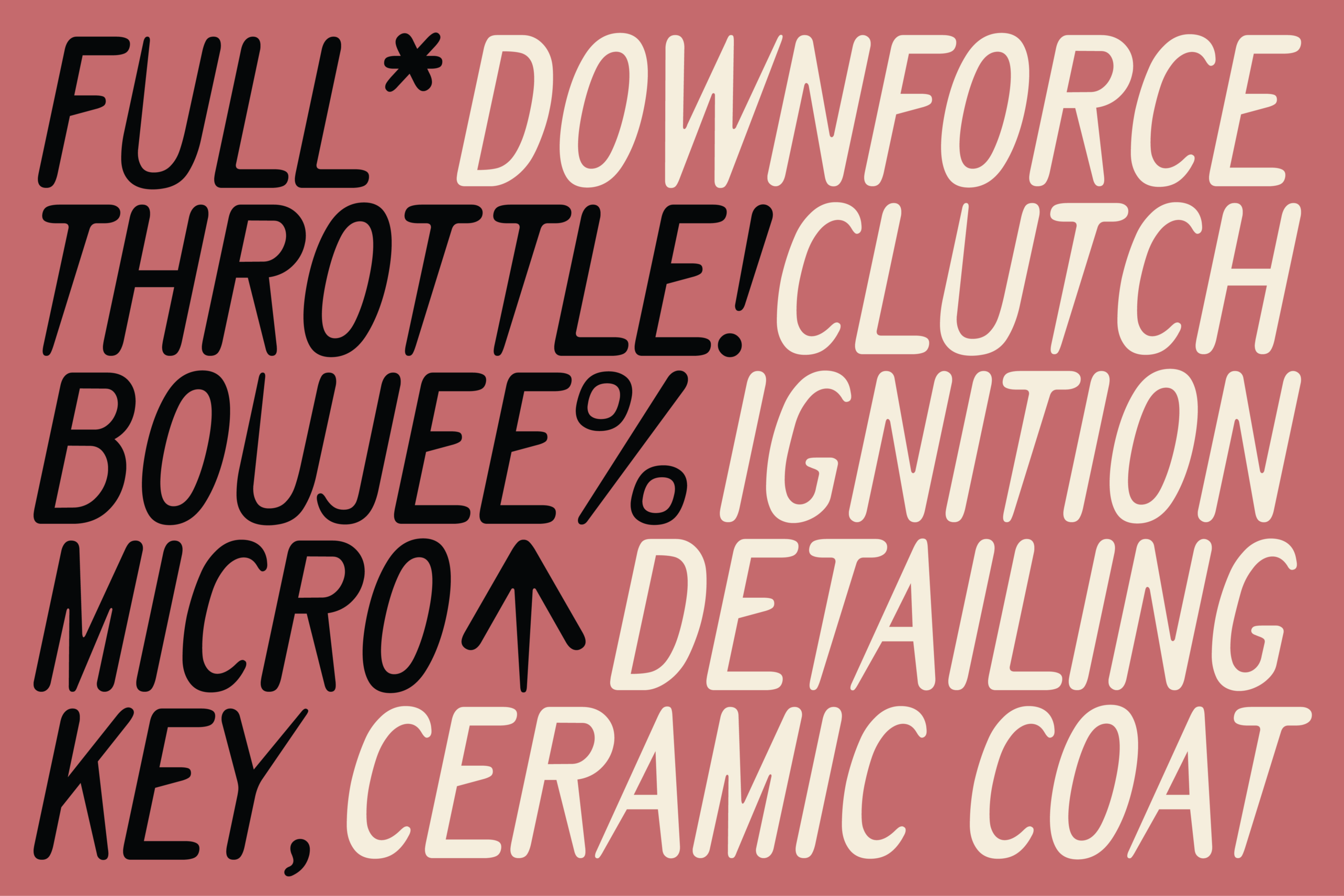 Bold typography mockup with product features listed in black plus cream text on dusty rose background