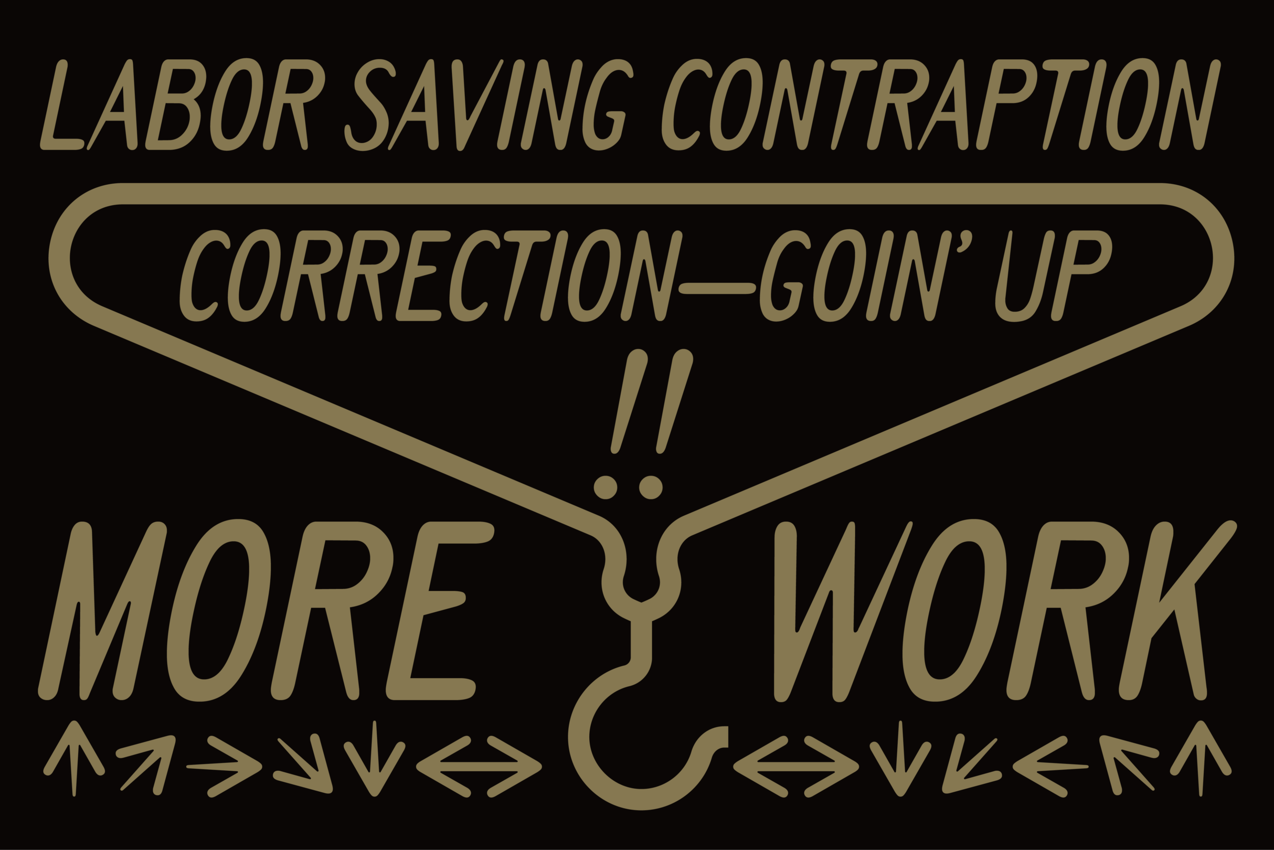 Vintage poster with gold text on black reading labor saving contraption correction goin up more work