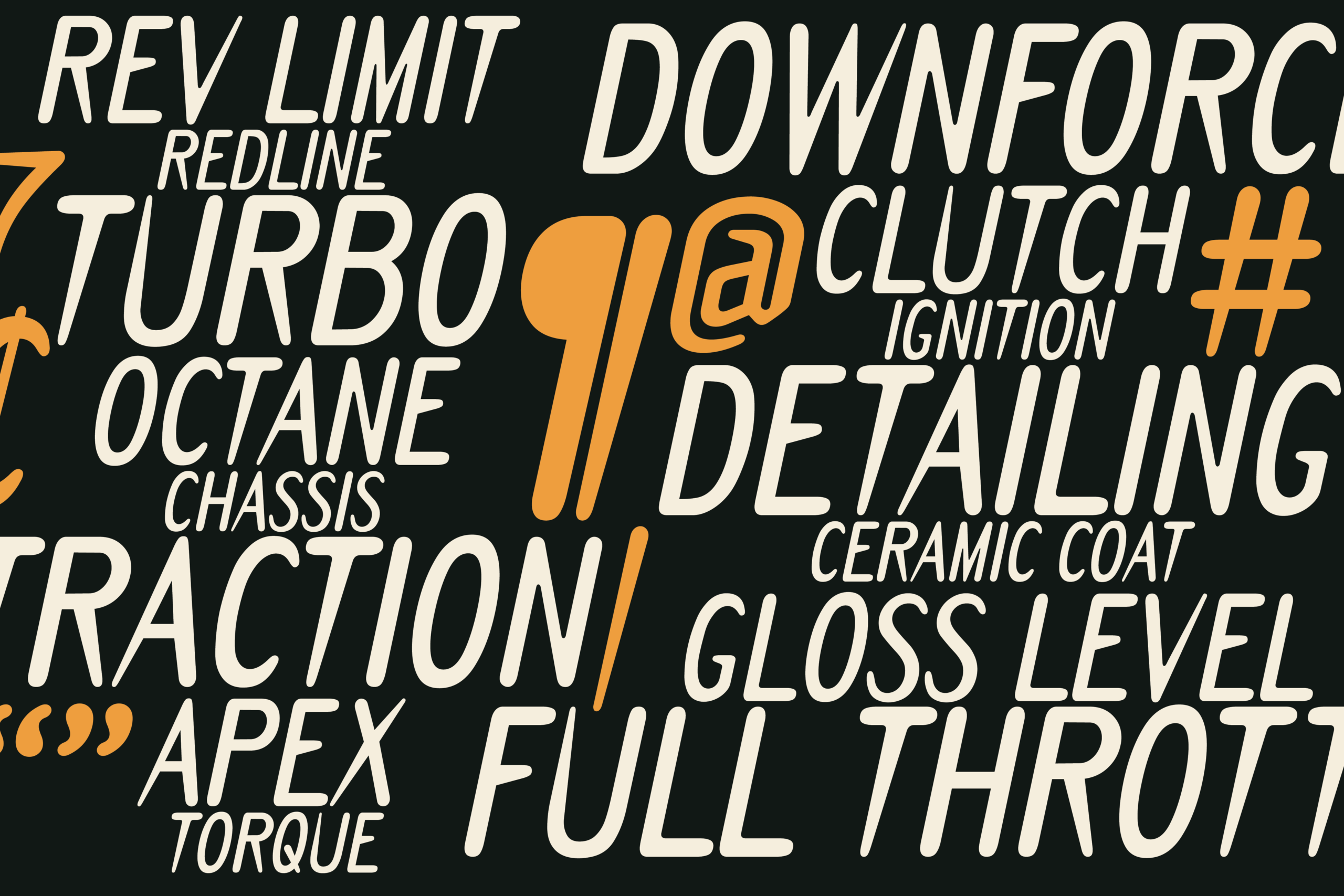 Car performance specs scattered in italic typeface with orange accent circles on dark background