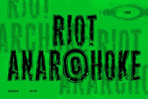 Neon green poster with distressed black letters spelling "RIOT ANARCHOIKE" layered over faded text