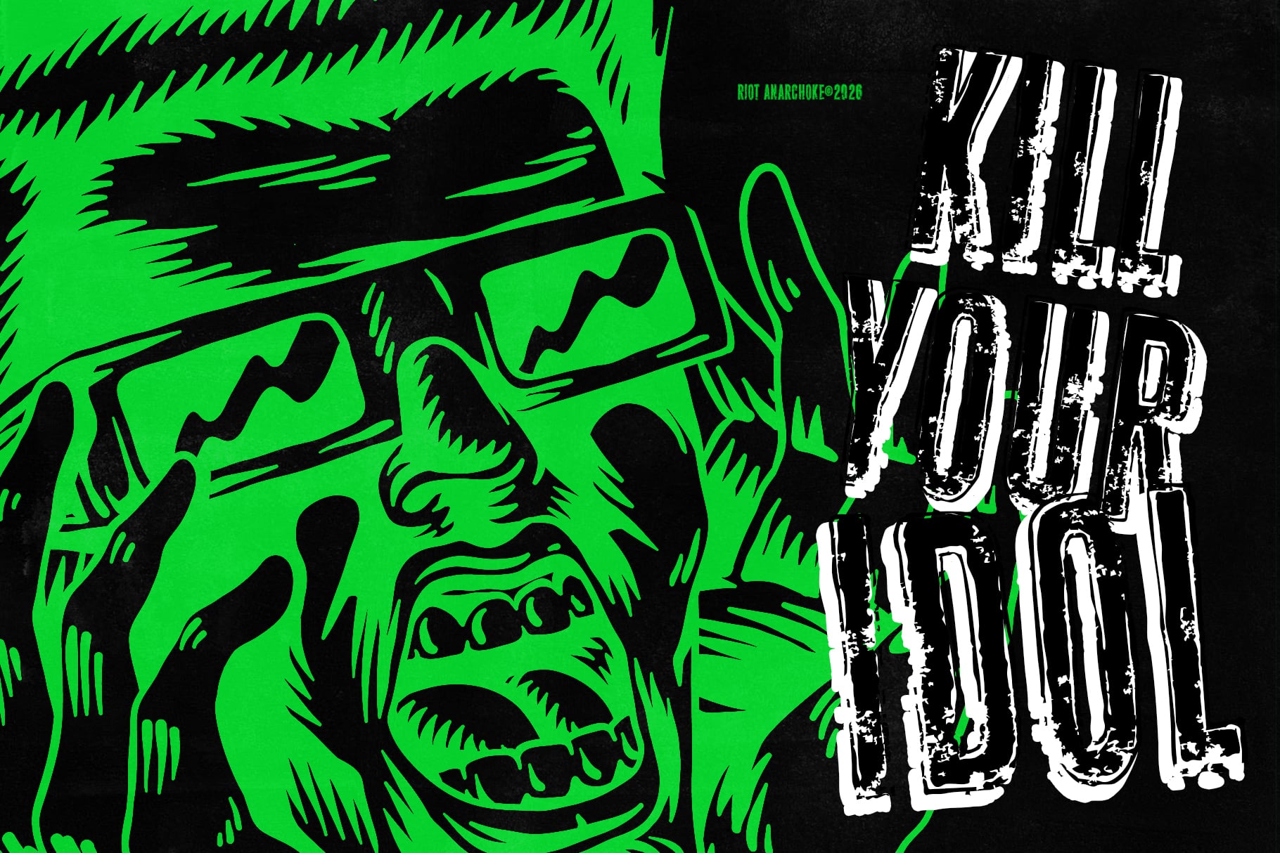 Neon green zombie face with distressed grunge text, riot anarchist vibe for edgy designs