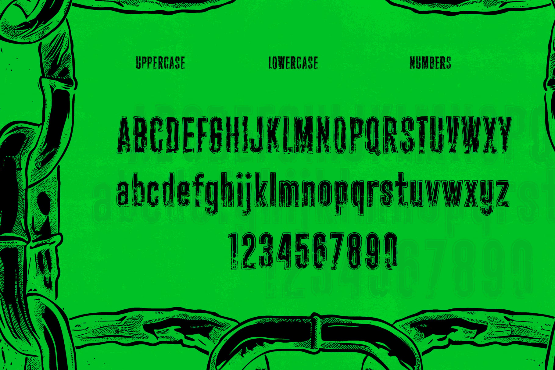 Neon green typeface sample showing uppercase, lowercase, plus all numbers in distressed style
