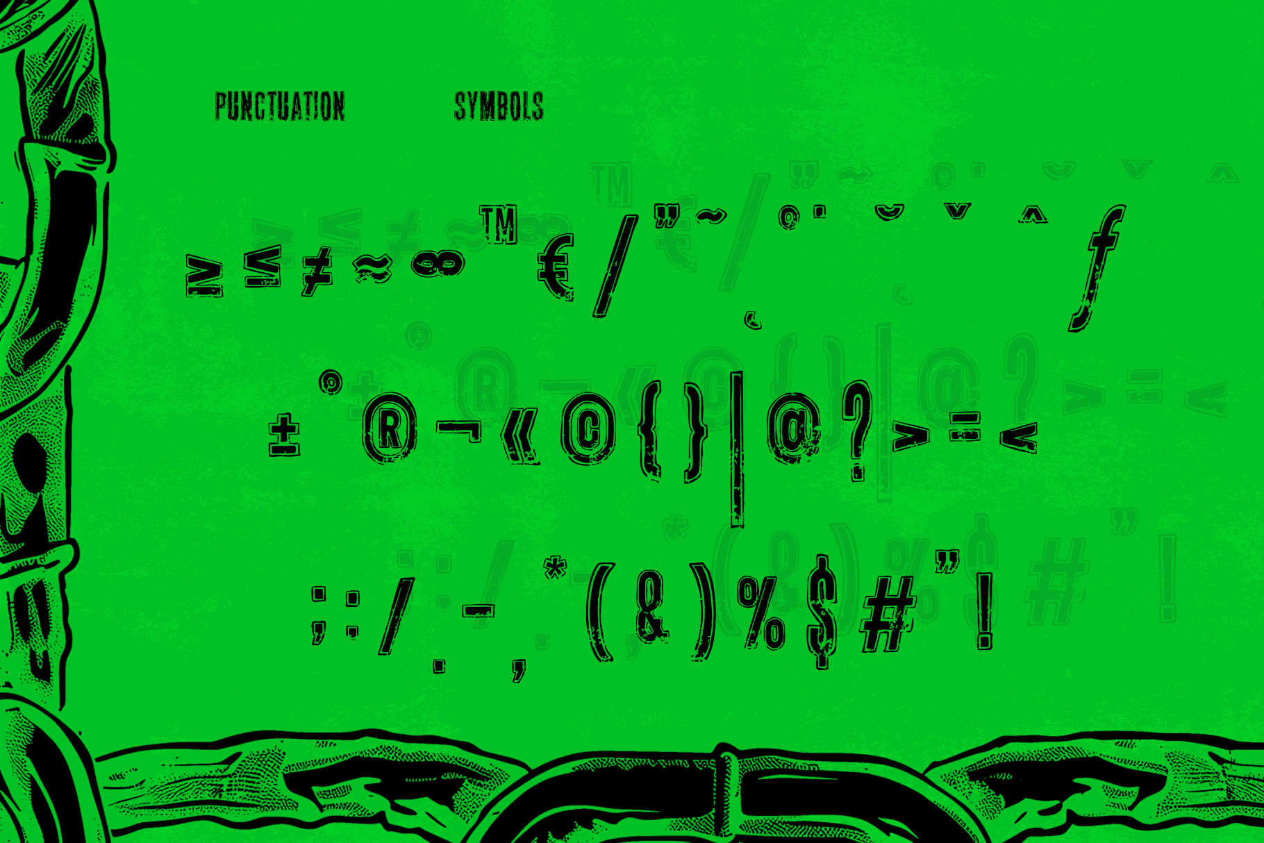 Neon green background with black punctuation marks, symbols, currency signs displayed in rows next to etched botanical illustrations on left edge