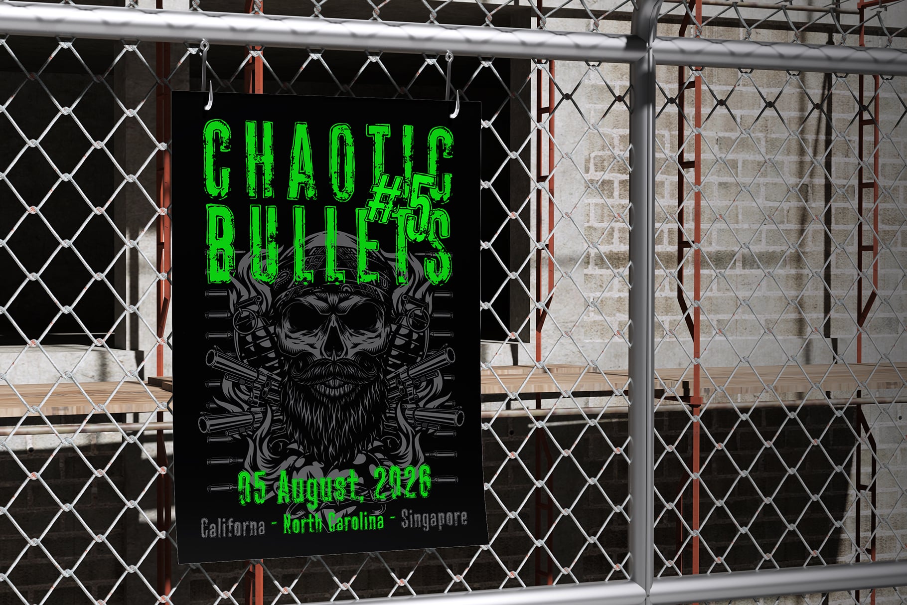 Neon green concert poster with bearded skull, bullets, tour dates hanging on chain-link fence