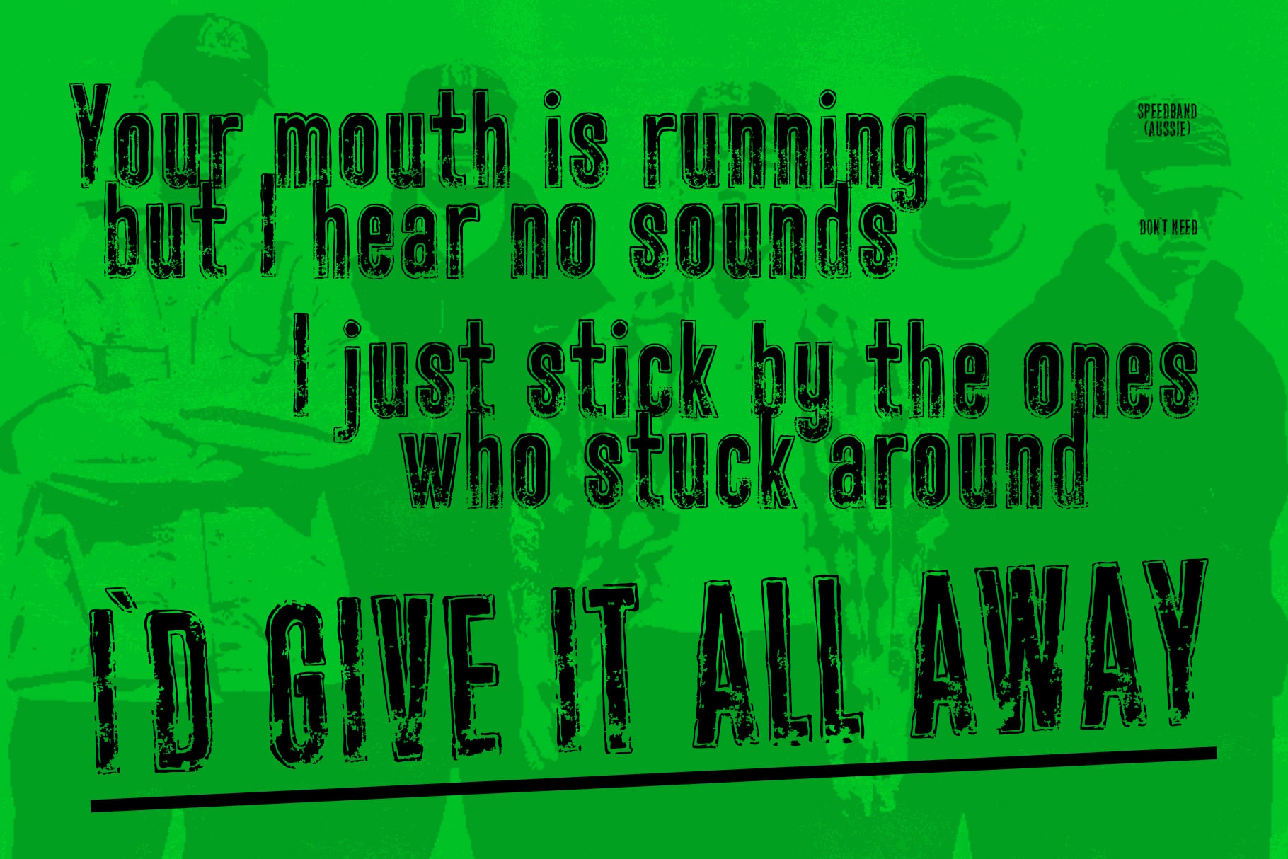 Distressed black text on neon green with comedy characters, edgy quote poster mockup