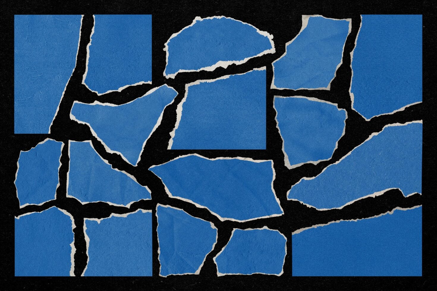 Torn blue paper pieces with cream edges on black background creating abstract collage layout