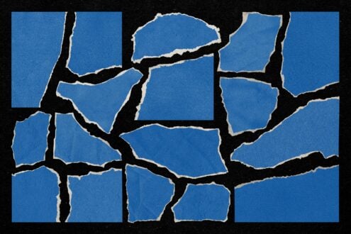 Torn blue paper pieces with cream edges on black background creating abstract collage layout