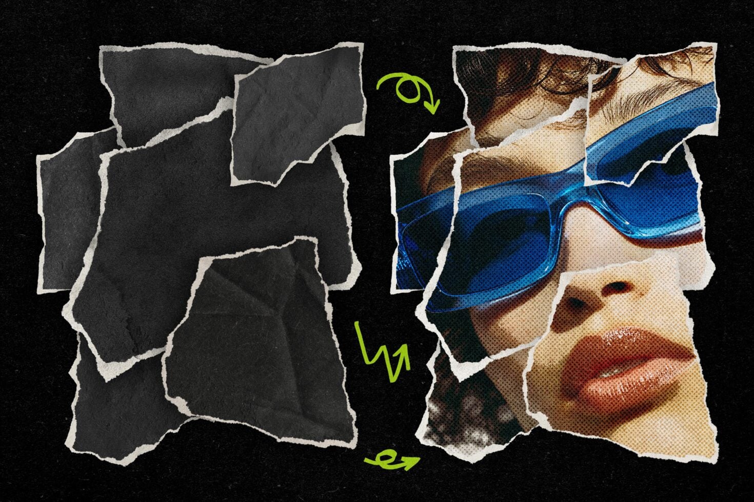 Torn paper collage mockup showing blank template on left, vibrant portrait with blue sunglasses on right