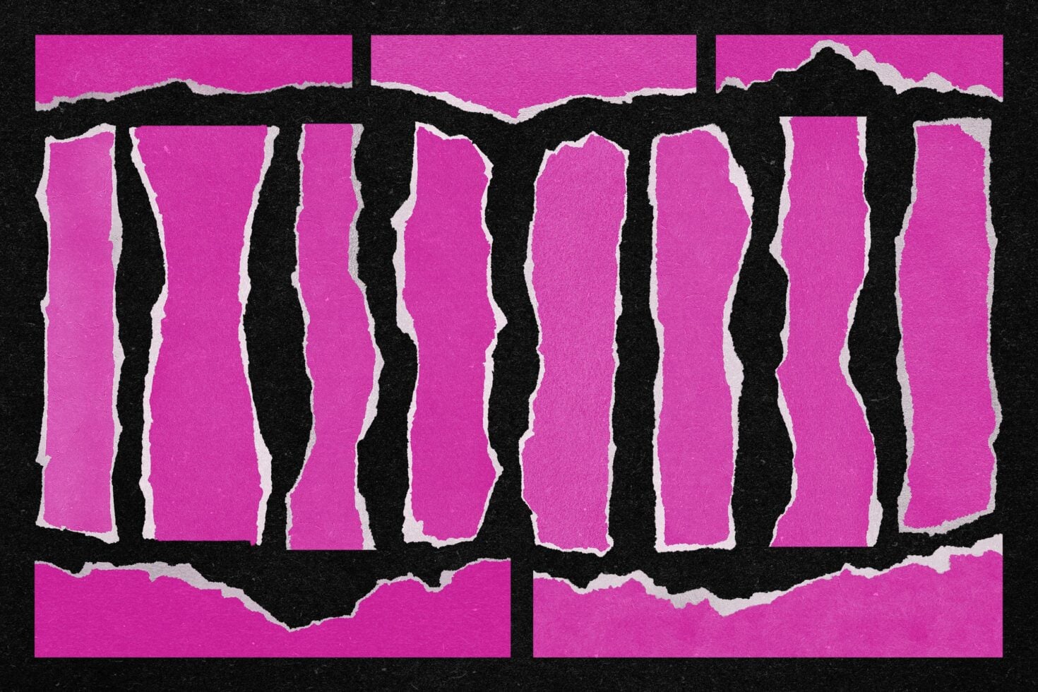 Bright magenta torn paper strips with jagged edges on black background texture