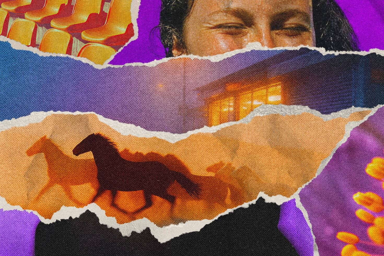 Vibrant torn paper collage with silhouetted horses, portrait photo, neon colors, textured layers