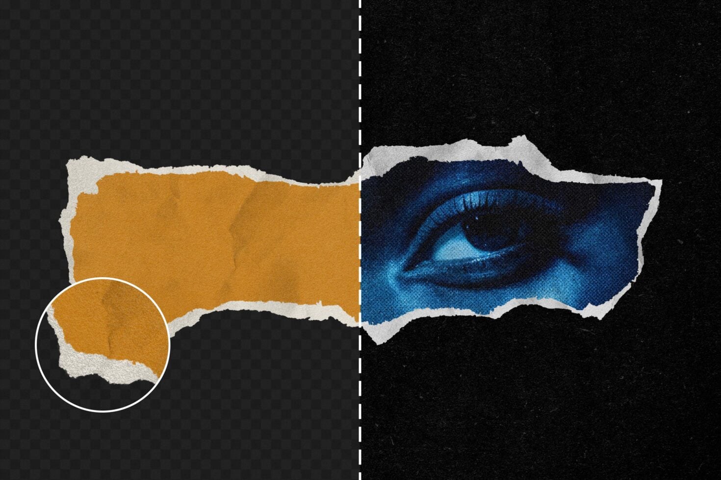 Split composition mockup with torn paper edge, gold texture on left, blue eye detail on right