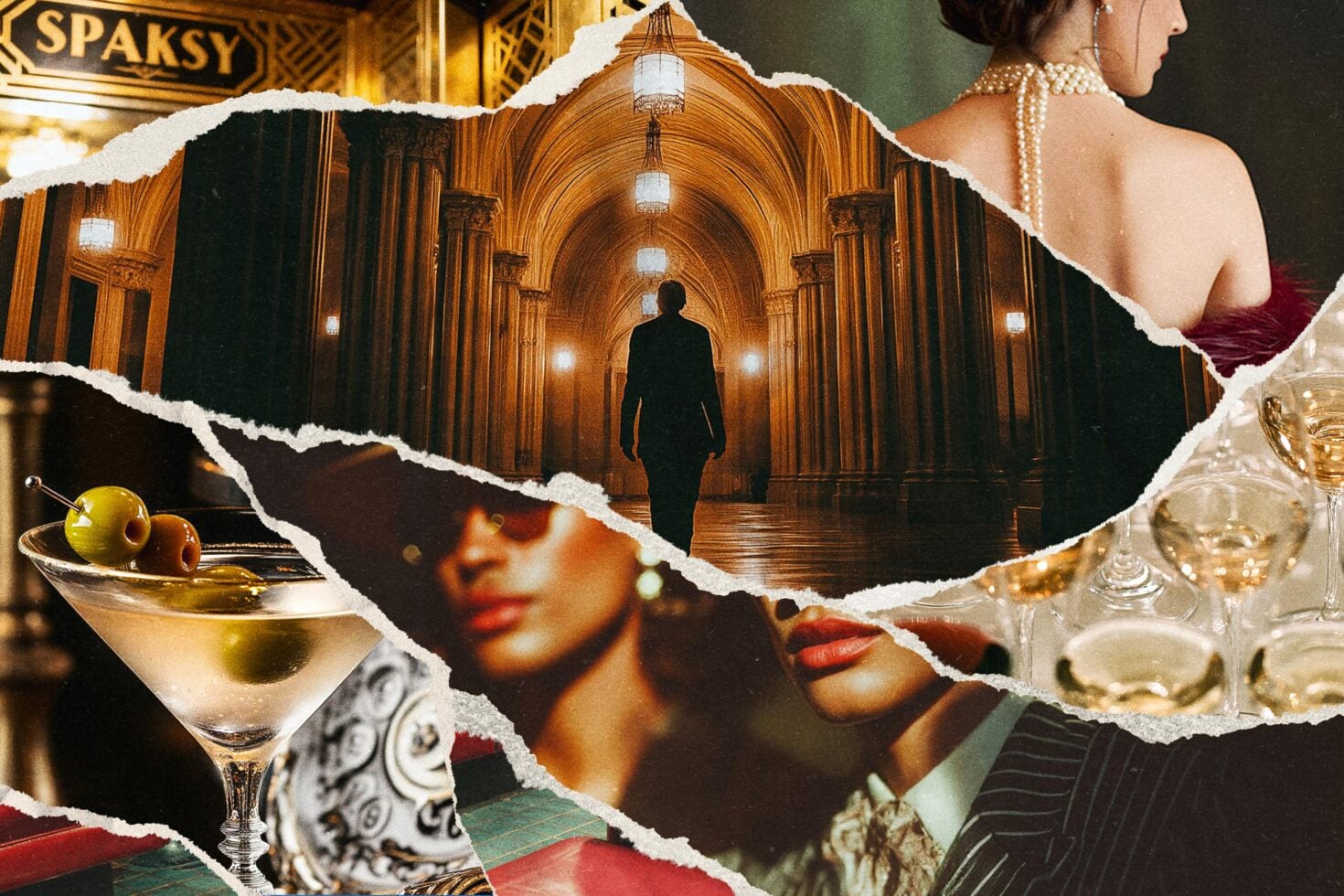 Vintage collage mockup with torn paper edges showing glamorous cocktails, elegant people, cathedral hallway, pearls, gold accents