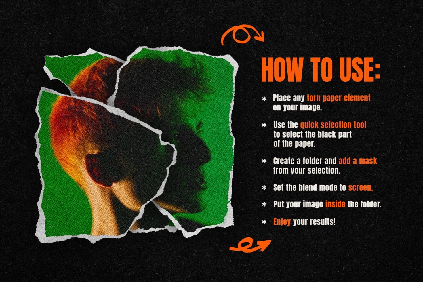 Torn paper overlay mockup showing how to layer textures with blend modes on dark background