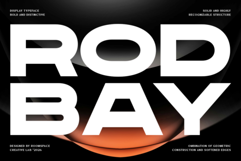 Rod Bay display font with geometric cutouts on black background with orange curves