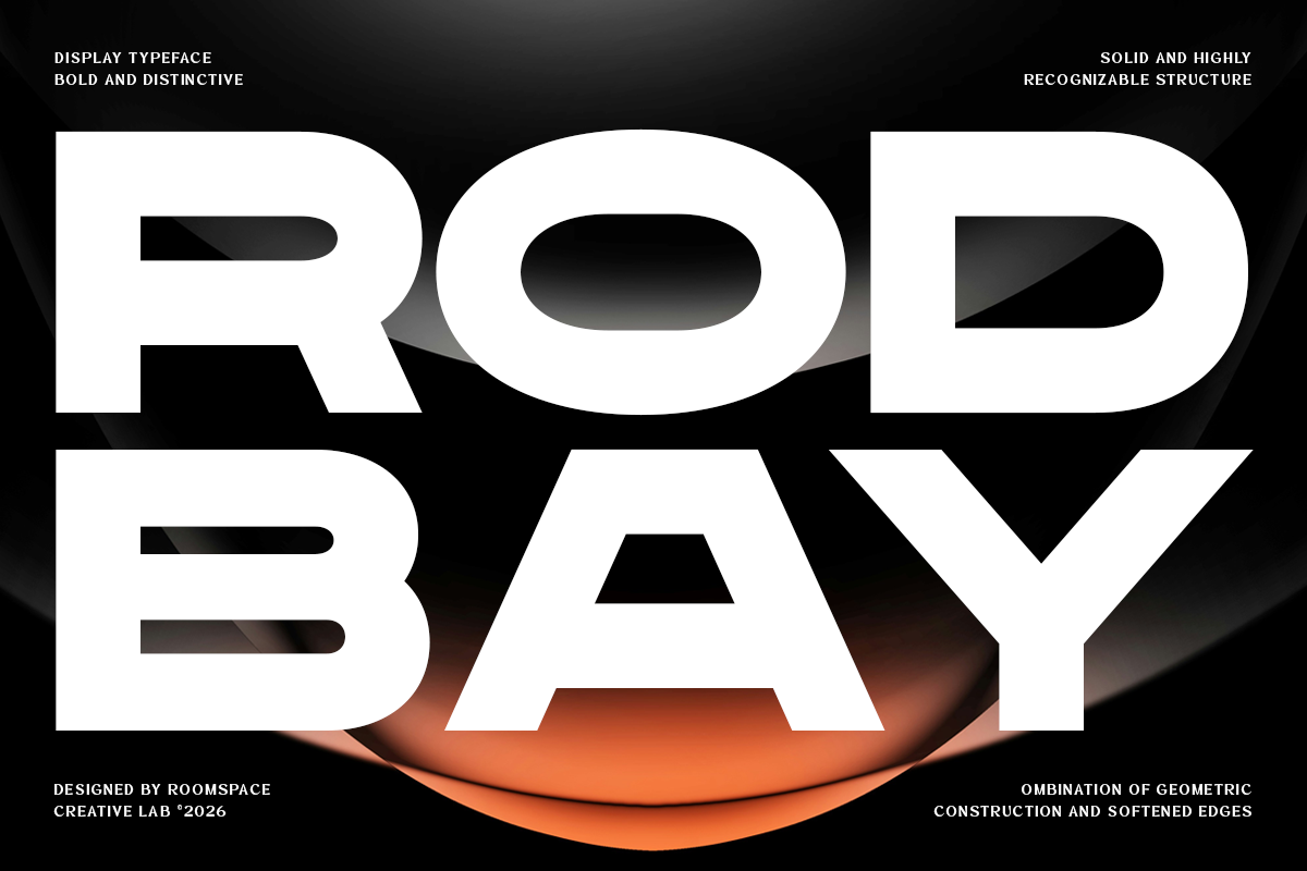 Rod Bay display font with geometric cutouts on black background with orange curves
