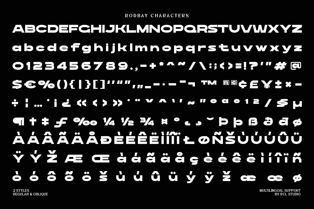 Rodbay sans font showing full character set with uppercase, lowercase, numbers, symbols, plus multilingual accents on black background