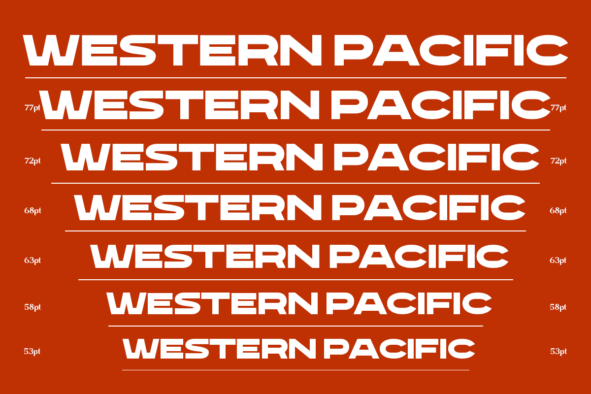 Western Pacific font in multiple sizes from 53pt to 77pt on rust orange background