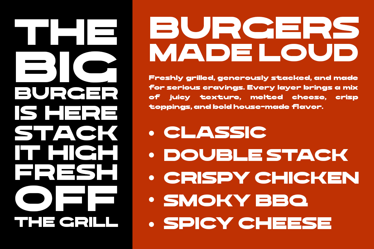 Burger restaurant menu mockup with bold typography on black-orange split layout with menu items listed