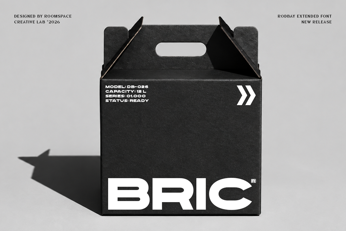 Black product box mockup with handle, tech specs, double chevron logo