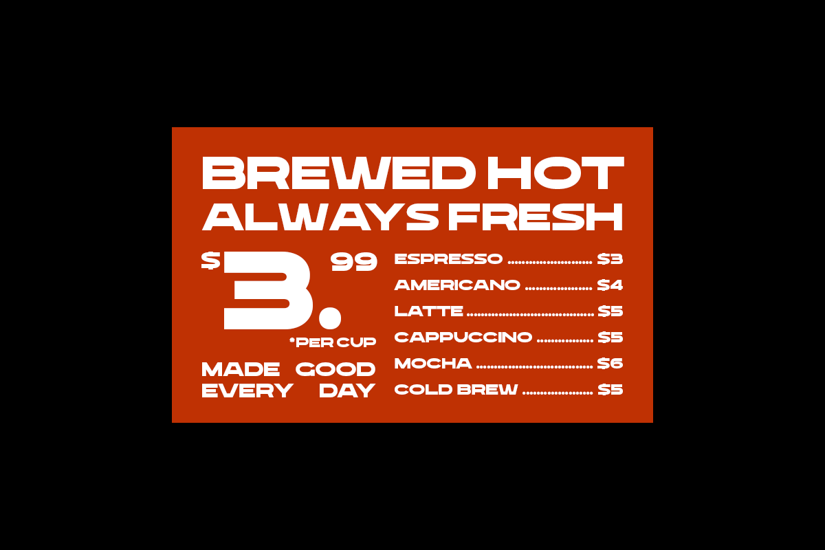 Retro orange coffee shop menu sign with pricing for espresso, americano, latte, cappuccino, mocha, cold brew