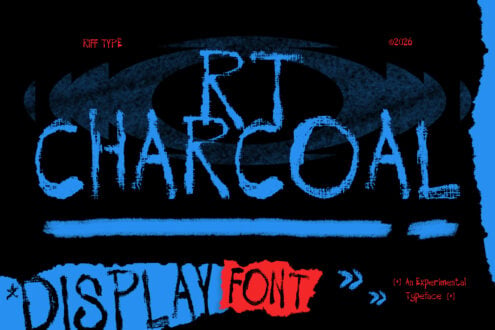 Riff Type Charcoal display font with glitchy blue letters on black background, experimental typeface design