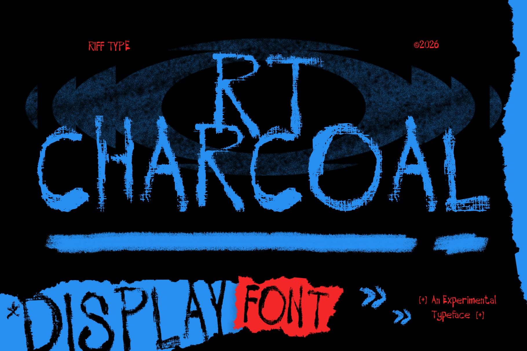 Riff Type Charcoal display font with glitchy blue letters on black background, experimental typeface design